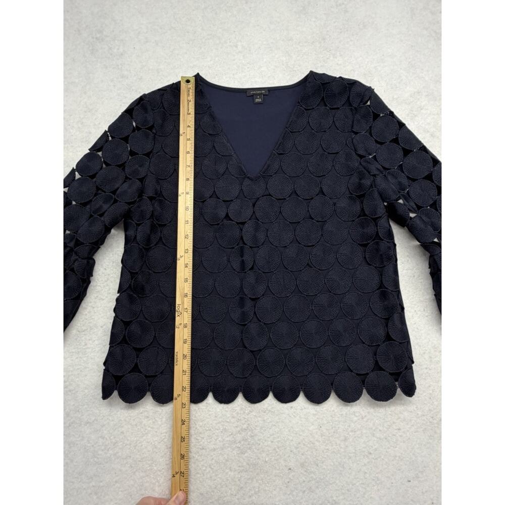 Ann Taylor Womens M Navy Blue 3D Circle Applique Blouse Bell Sleeve V Neck Lined - Picture 3 of 8